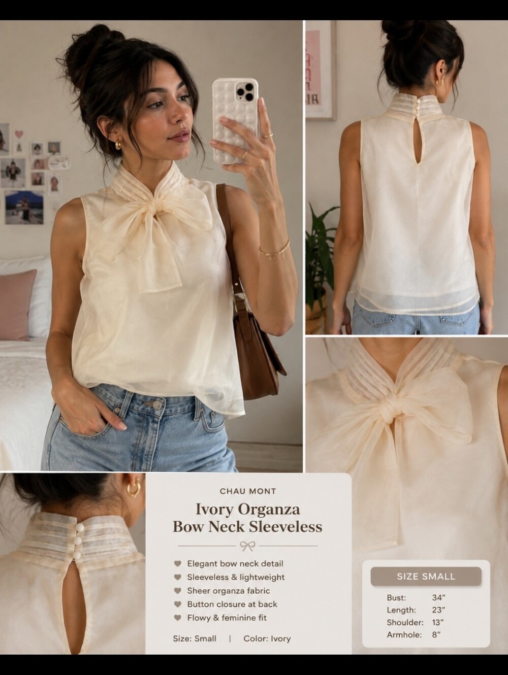 Ivory Organza Bow Neck Sleeveless Top